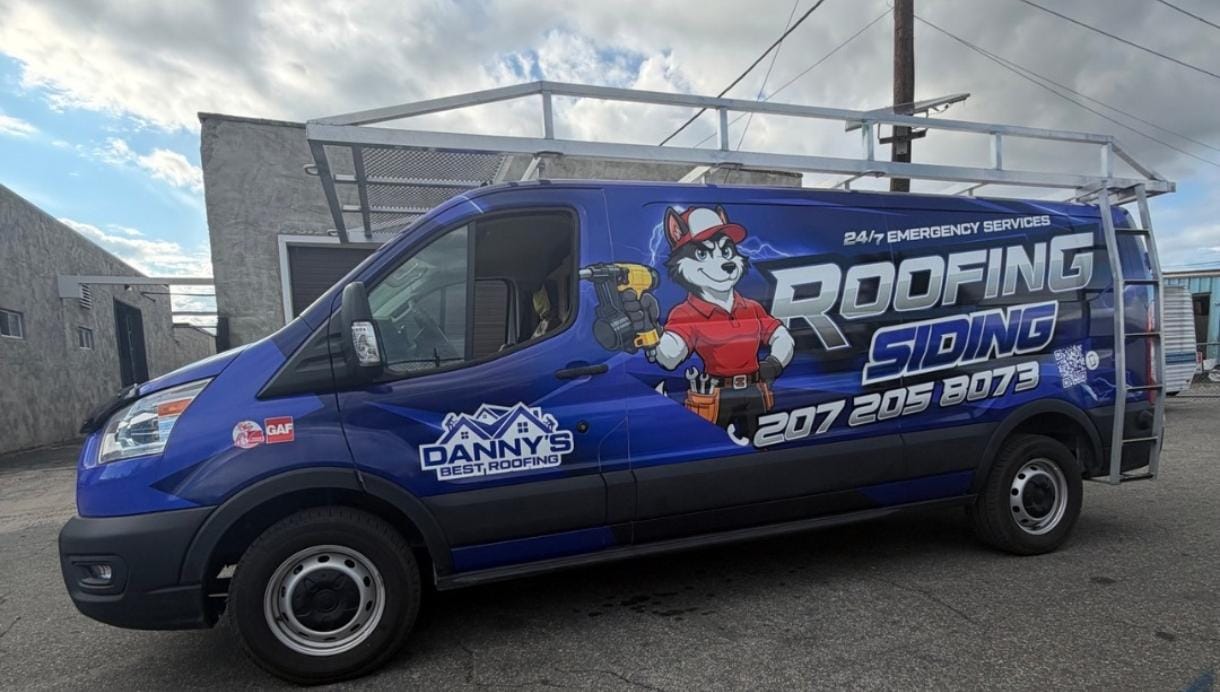 Danny's Best Roofing van with completed blue commercial wrap and mascot graphic