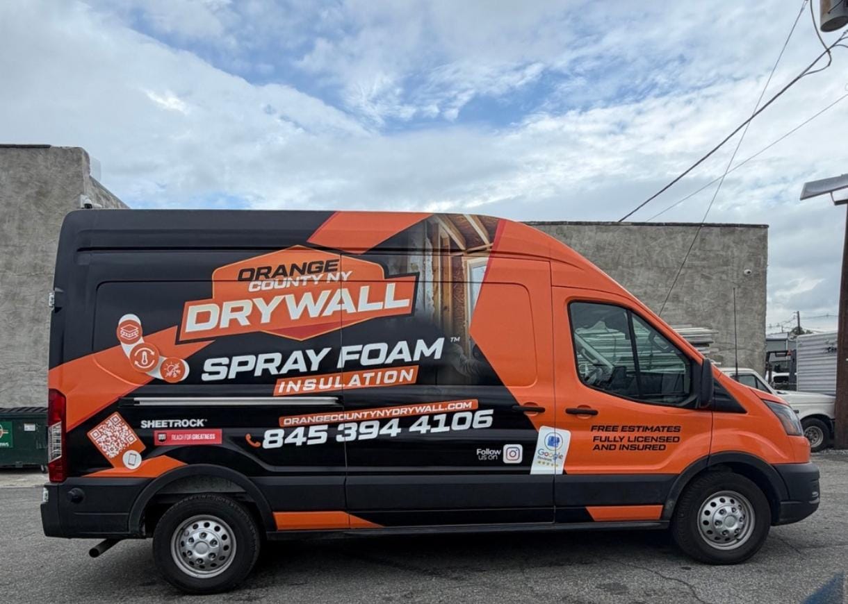 Orange County NY Drywall cargo van with completed orange and black commercial wrap