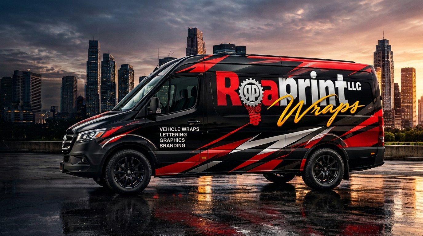Roaprint branded commercial van with a red, black and white wrap
